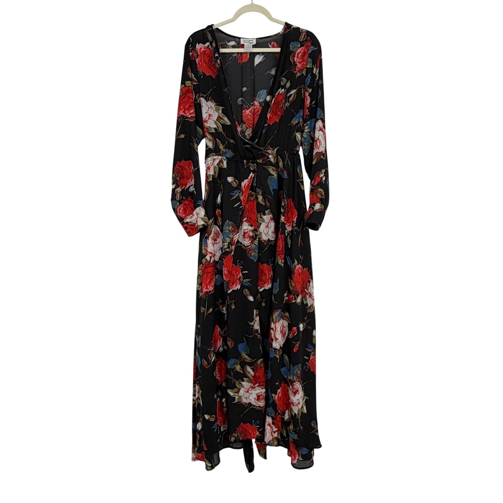 Unique Vintage Black Maxi Dress with Red & White Floral Print